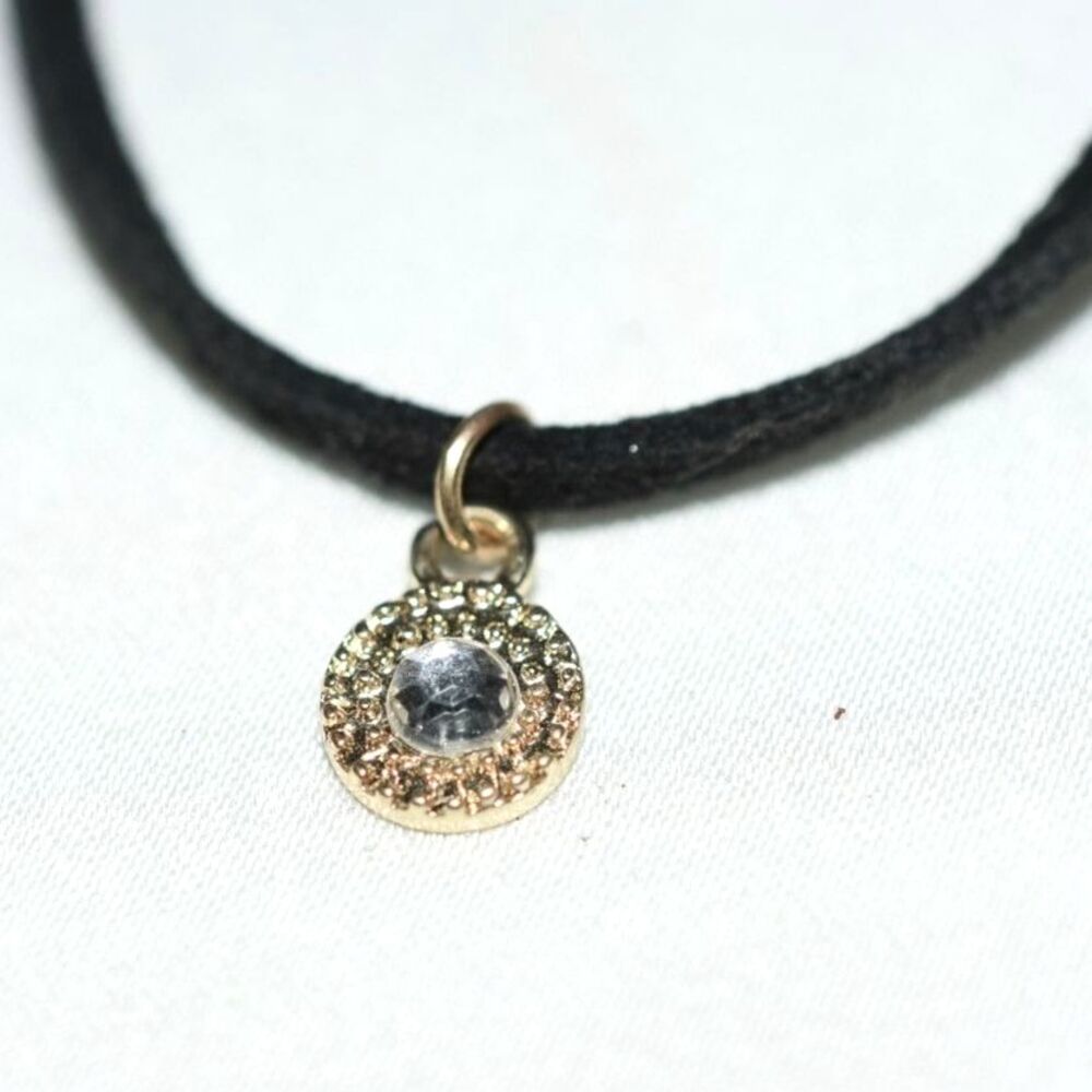 Boho Fashion Black 12" Cord Choker Rhinestone Accent Gold Tone Pendant Necklace